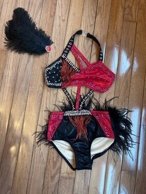 Glamour MC red and black costume with feathers